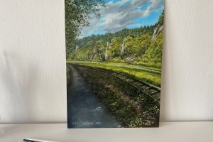 Obraz krajiny olejem "U trati", autorská replika 29 × 39 cm